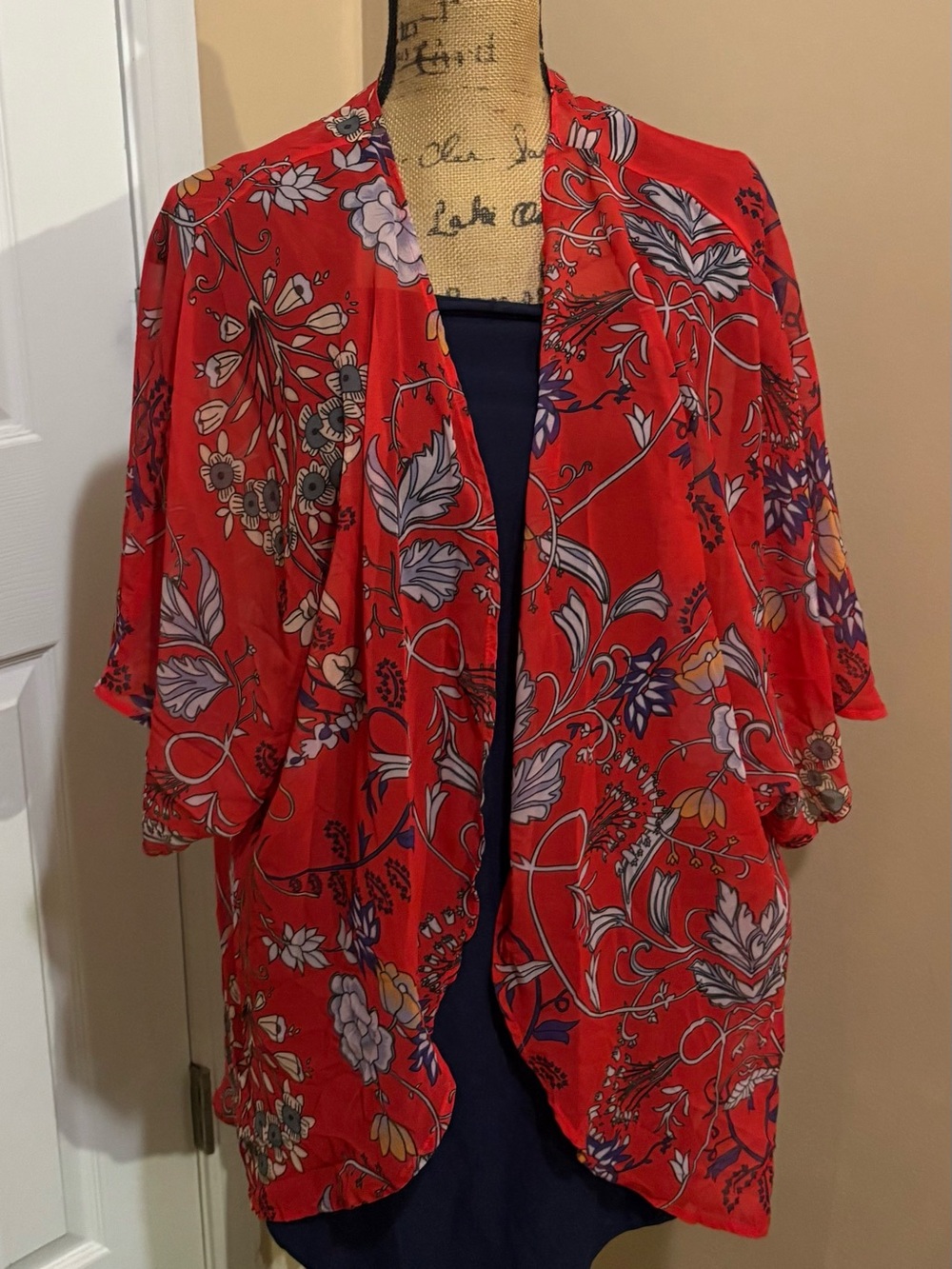 Red Floral Open Front Kimono